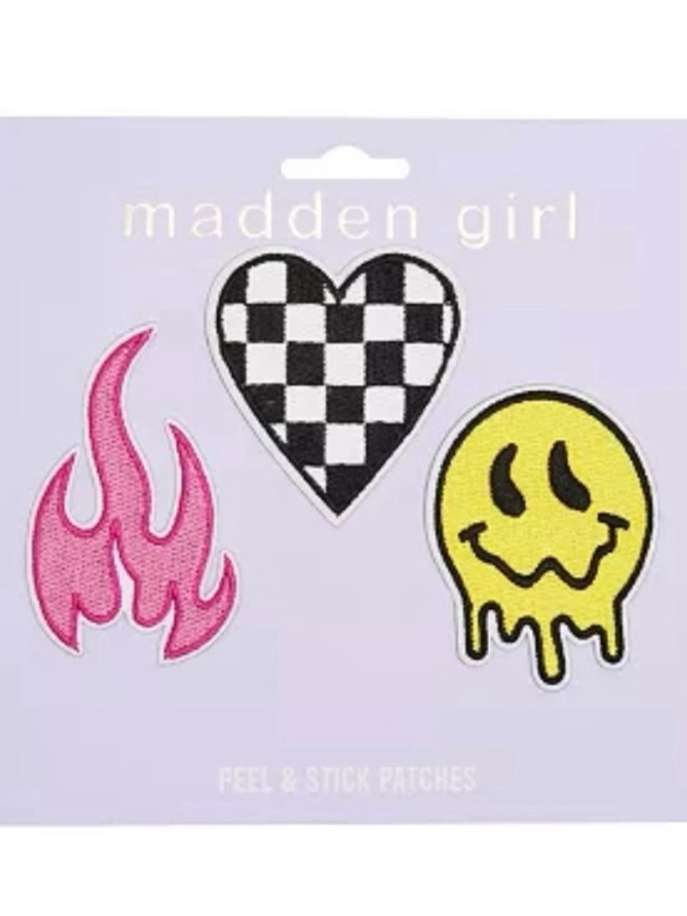 Madden Girl Peel & Stick Patch Set | Pink Flame, Checker Heart & Drip Smiley